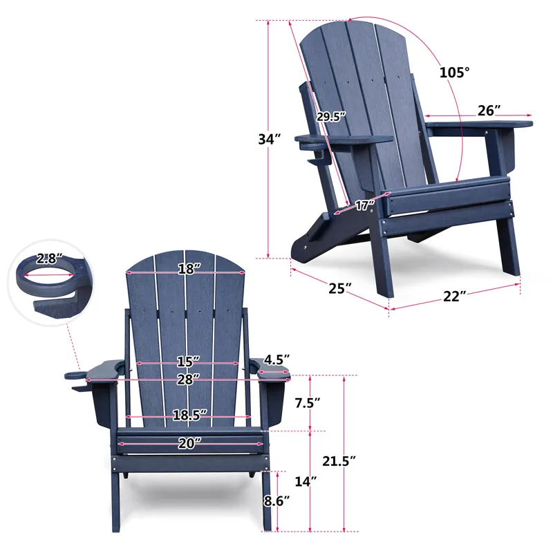 Folding Outdoor Adirondack Chair (Set of 2) And Table Set, Hdpe All-Weather Folding Fire Pit Chair, 