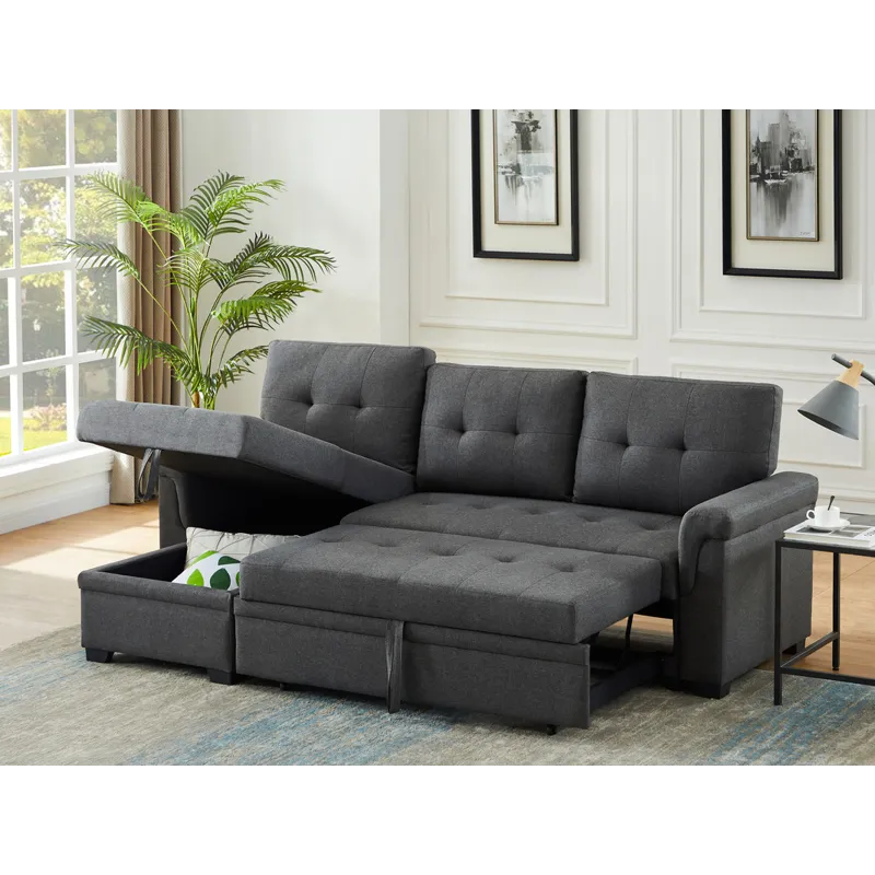 Hunter - Linen Reversible Sleeper Sectional Sofa With Storage Chaise - Dark Gray