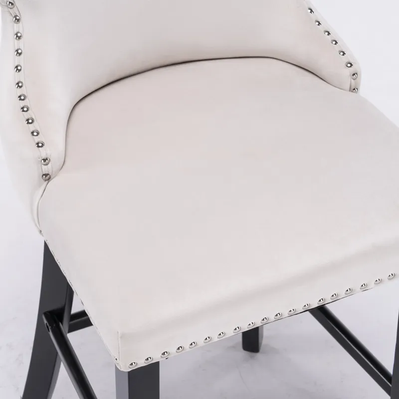 Contemporary Velvet Upholstered Wing-Back Barstools With Button Tufted Decoration And Wooden Legs, A
