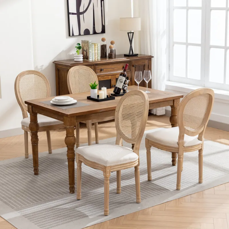 French Style Solid Wood Frame Antique Painting Linen Fabric Rattan Back Dining Chair (Set of 2) - Cr