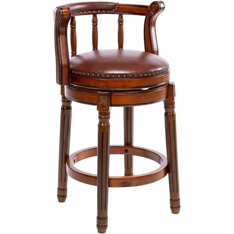 26\'\' Swivel Cow Top Leather Wooden Bar Stool, 360 Degree Swivel Bar Height Chair With Backs For Ho