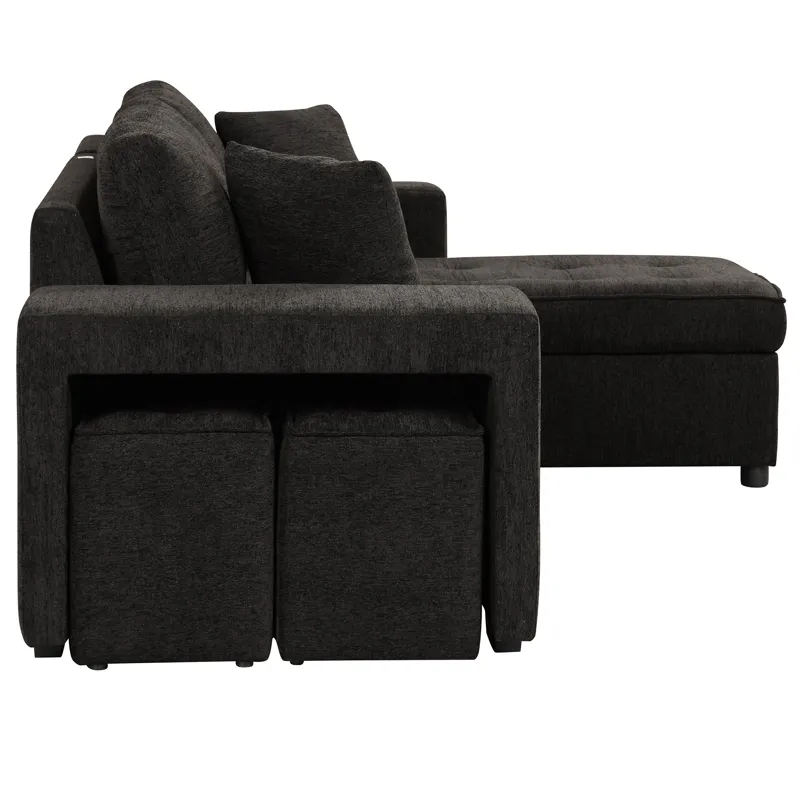 Modern L-Shape 3 Seat Reversible Sectional Couch, Pull Out Sleeper Sofa With Storage Chaise And 2 St