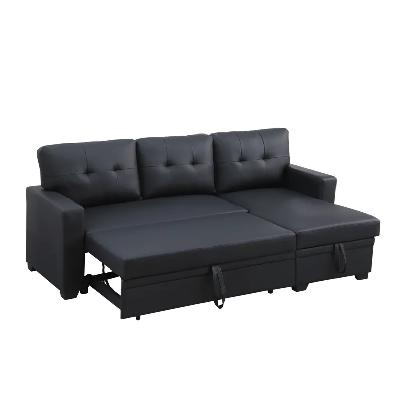 Upholstered Pull Out Sectional Sofa With Chaise - Black
