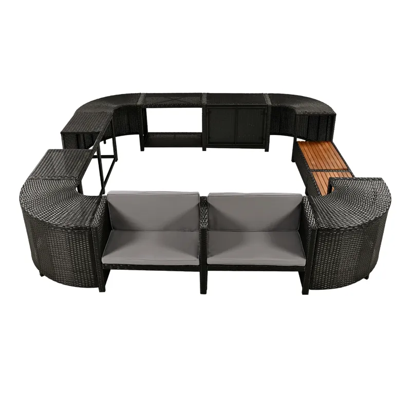 Spa Surround Spa Frame Quadrilateral Outdoor Rattan Sectional Sofa Set With Mini Sofa, Wooden Seats 