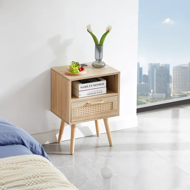15.75\" Rattan End Table With Power Outlet & USB Ports, Modern Nightstand With Drawer And Solid Wood