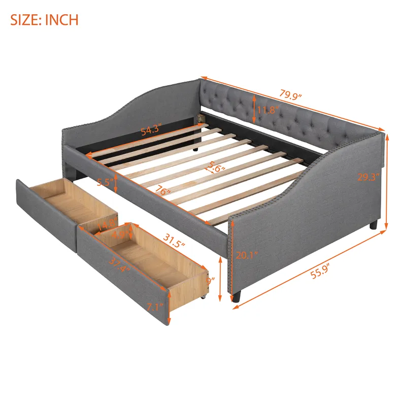 Full Size Upholstered Daybed With Two Drawers, Wood Slat Support - Gray