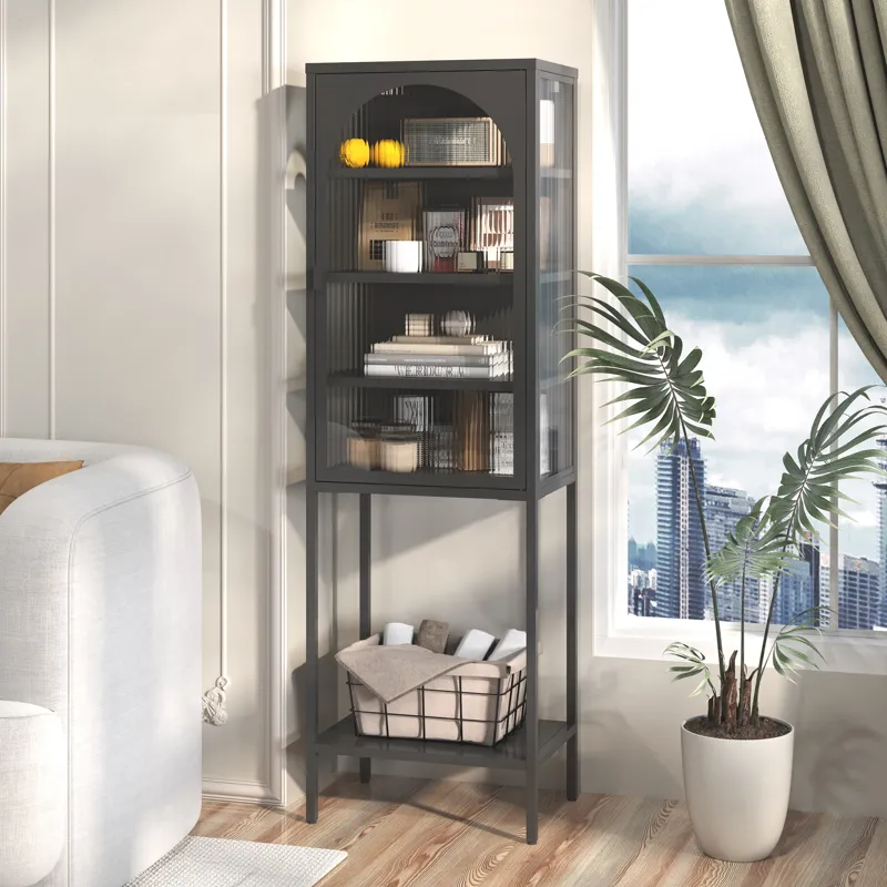 Metal Glass Door Display Storage Cabinet, 5 Tier Cube Bookshelf Storage Cabinet With 3 Adjustable Sh