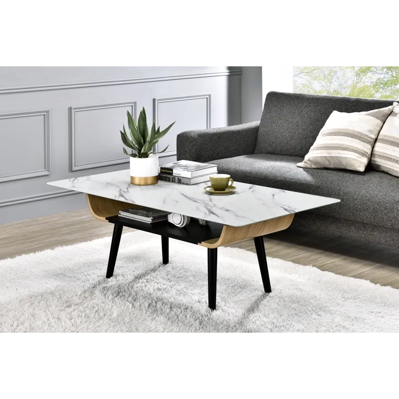 Landon - Coffee Table With Glass Marble Texture Top And Bent Wood Design - White