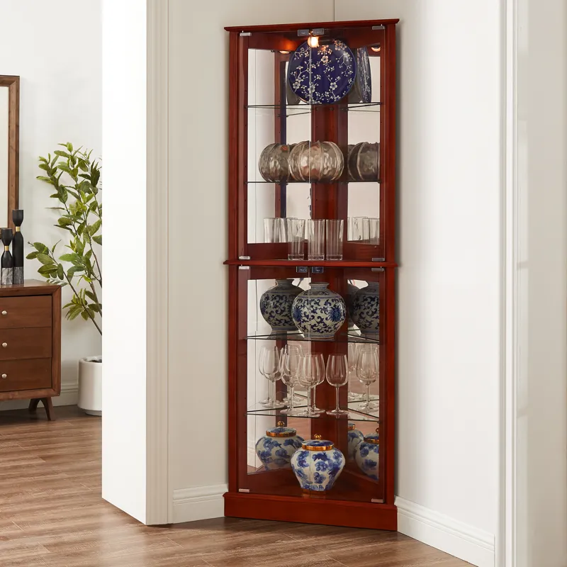 Corner Curio Dispaly Cabinet With Lights, Adjustable Tempered Glass Shelves, Mirrored Back (E26 Ligh