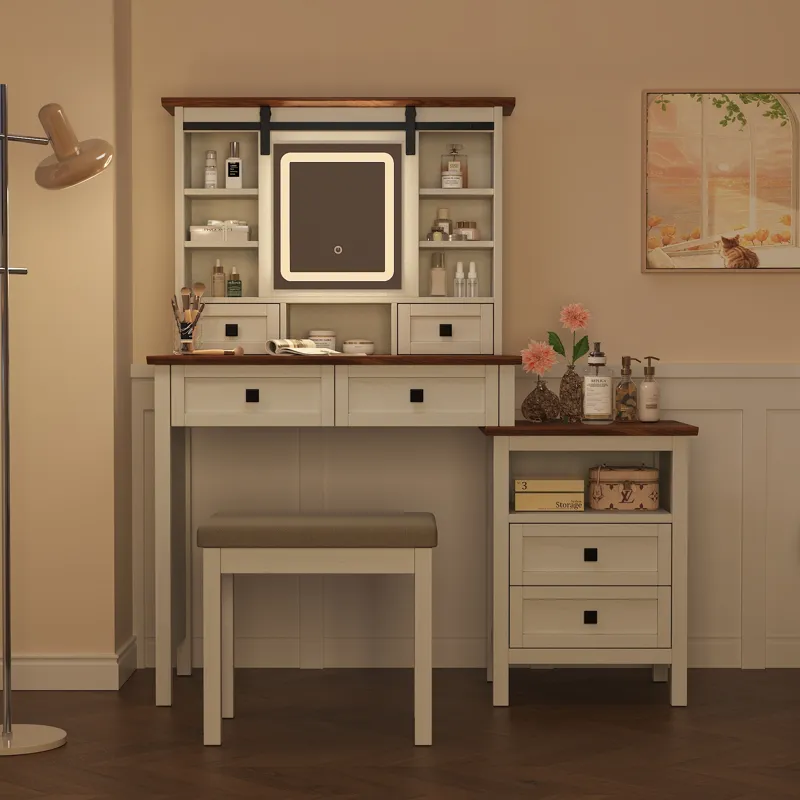 Farmhouse Makeup Vanity Desk With Adjustible LED Lighted Mirror And Charging Station For Bedroom, Dr