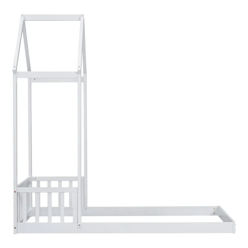 Twin House-Shaped Roof Headboard Floor Bed, (Without Slats) - White