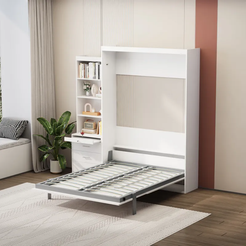 Morden Deisgn Full Size Vertical Murphy Bed With Shelf And Drawers For Bedroom Or Guestroom Wall Bed