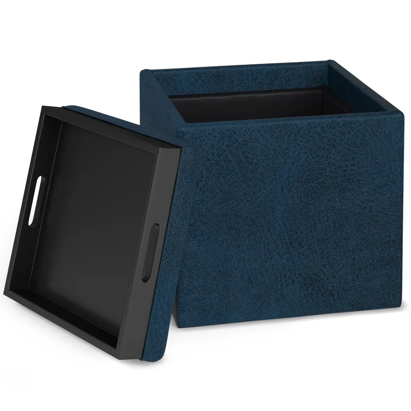 Rockwood - Cube Storage Ottoman with Tray - Distressed Dark Blue