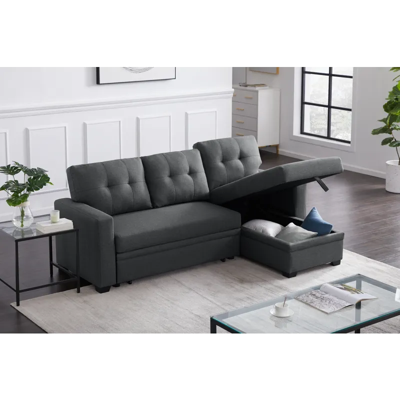 Upholstered Pull Out Sectional Sofa With Chaise - Dark Gray