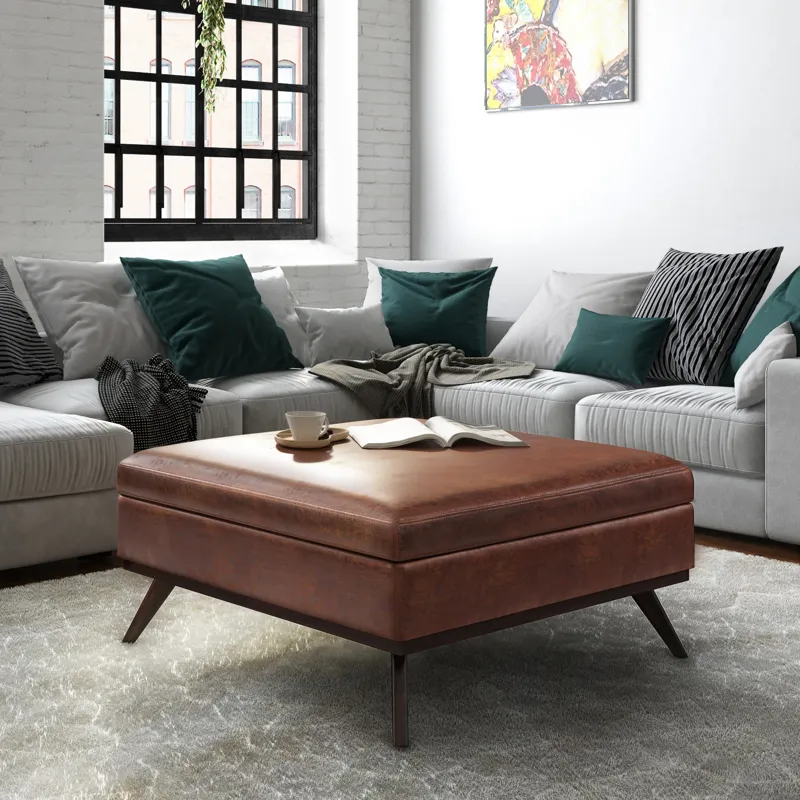 Owen - XL Square Coffee Table Storage Ottoman - Distressed Saddle Brown