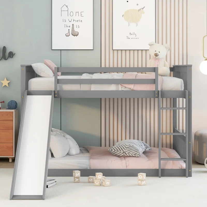 Full Over Full Bunk Bed With Slide And Ladder - Gray
