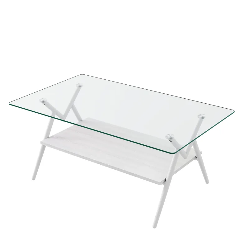 Rectangle Coffee Table With Tempered Glass Top And Metal Legs, Modern Table For Living Room - Transp