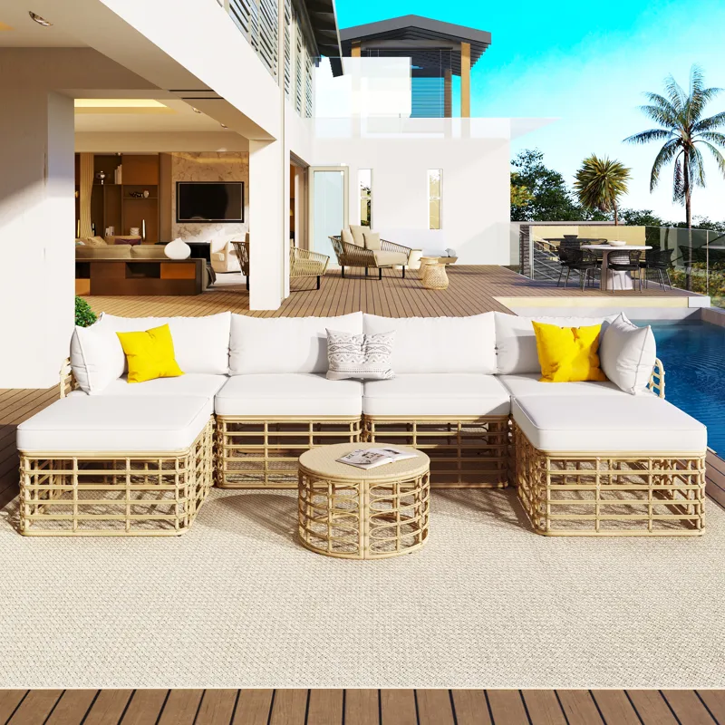 7 Pieces Outdoor Patio Furniture, All-Weather Rattan Sectional Sofa Set With Thick Cushions And Pill