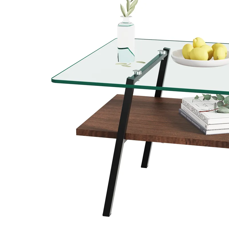 Rectangle Coffee Table, Tempered Glass Tabletop With Metal Legs, Modern Table For Living Room, Trans