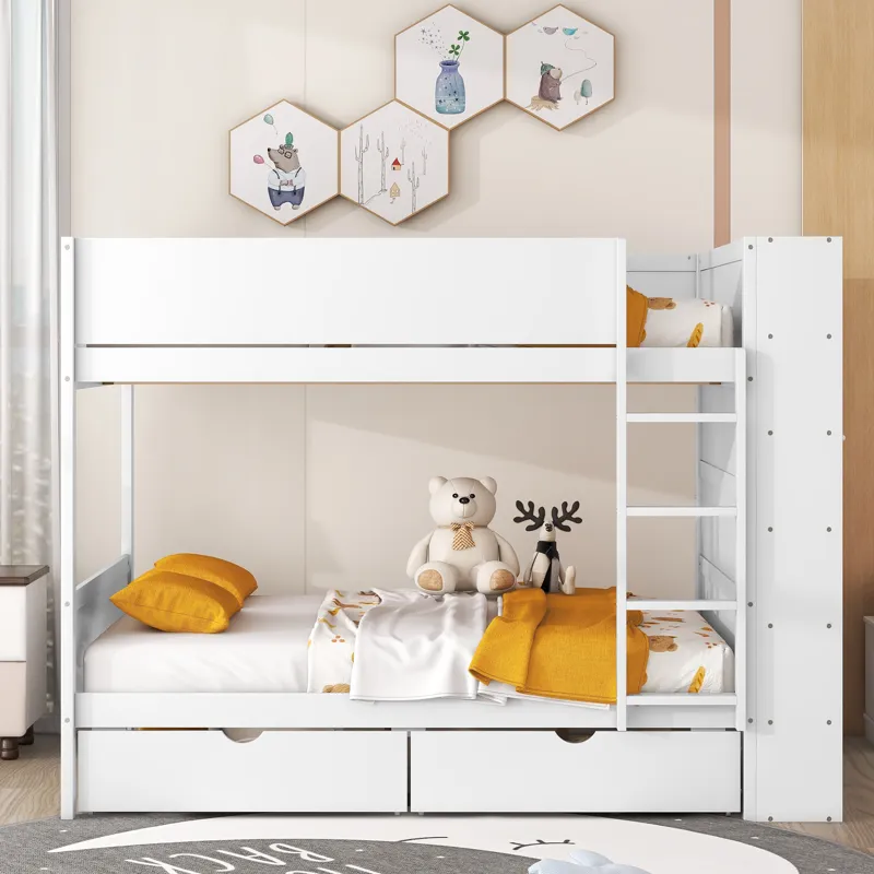 Full Over Full Bunk Bed With 2 Drawers And Multi - Layer Cabinet - White
