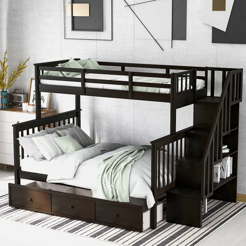 Twin Over Full Stairway Bunk Bed With Drawer, Storage And Guard Rail For Bedroom, Dorm, For Adults -