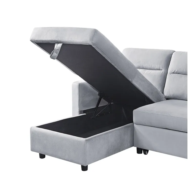 Ruby - Velvet Reversible Sleeper Sectional Sofa With Storage Chaise And Side Pocket - Light Gray