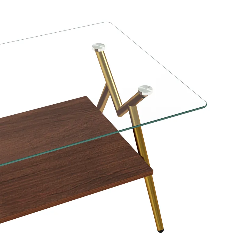 Rectangle Coffee Table With Tempered Glass Top And Golden Metal Legs, Modern Table For Living Room, 