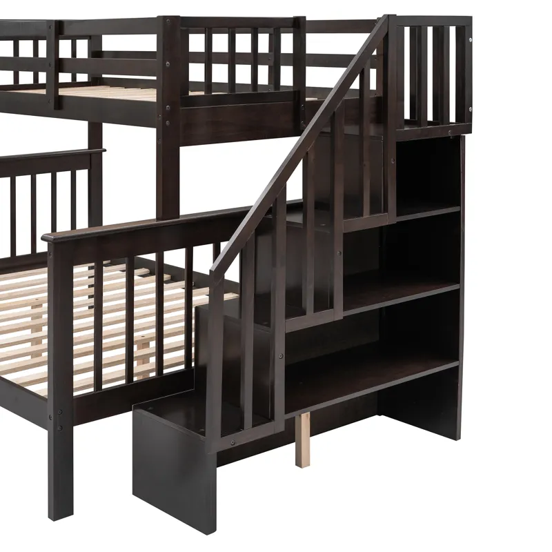 Twin Over Full Stairway Bunk Bed With Drawer, Storage And Guard Rail For Bedroom, Dorm, For Adults -