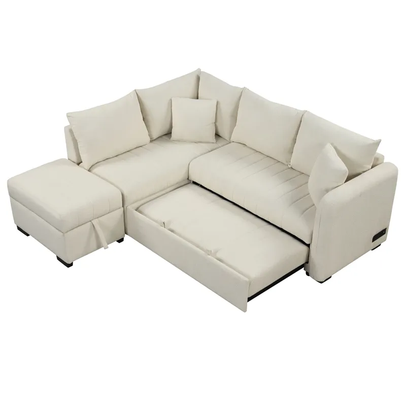 L-Shaped Sectional Pull Out Sofa Bed Sleeper Sofa With Two USB Ports, Two Power Sockets And A Movabl