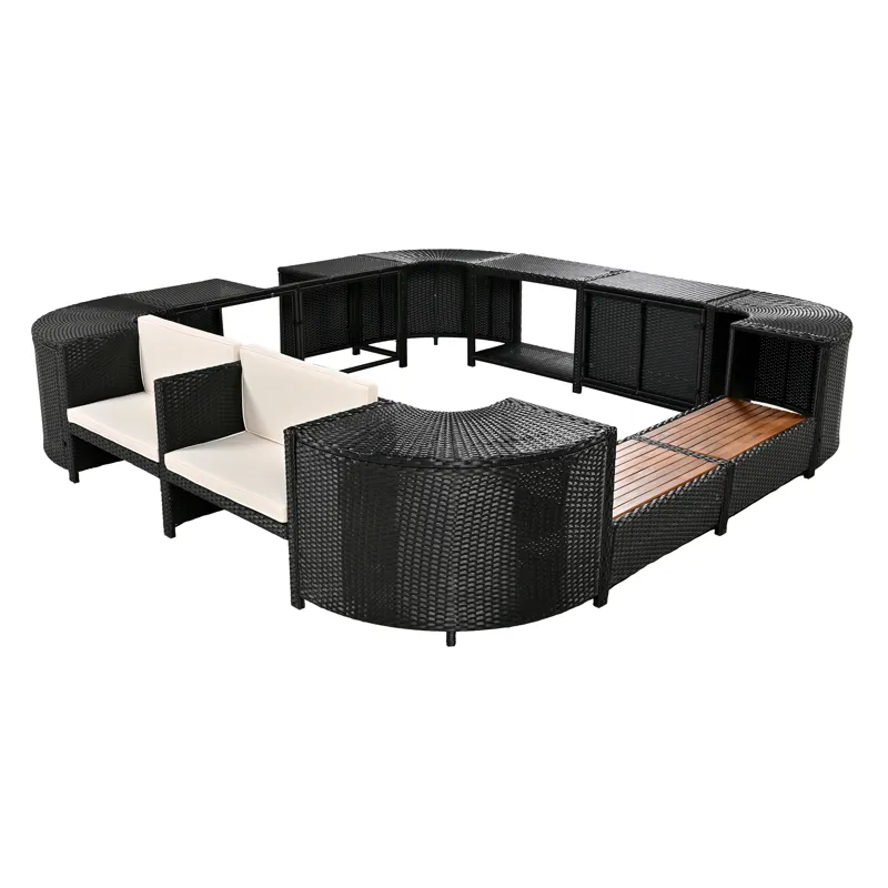 Spa Surround Spa Frame Quadrilateral Outdoor Rattan Sectional Sofa Set With Mini Sofa, Wooden Seats 