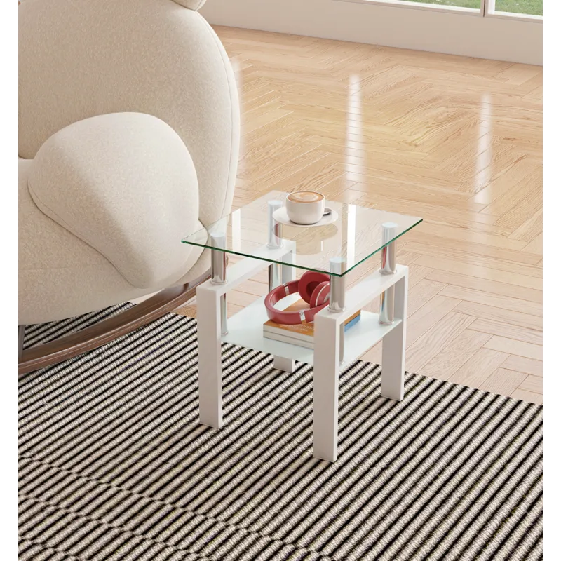 Modern Tempered Glass Tea Table, End Square Table For Living Room - Transparent / White