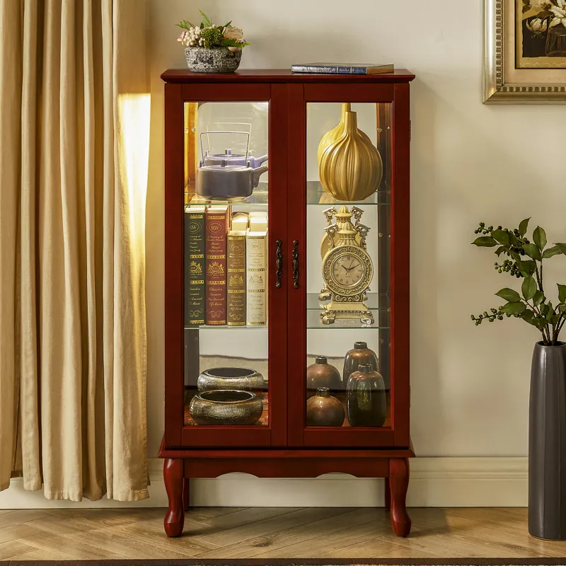 Curio Cabinet Lighted Curio Diapaly Cabinet With Adjustable Shelves And Mirrored Back Panel, Tempere