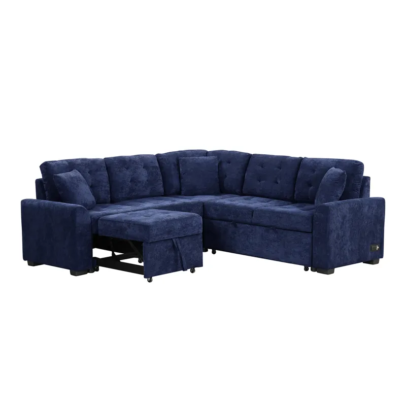 L-Shape Sofa Bed Pull-Out Sleeper Sofa With Wheels, USB Ports, Power Sockets For Living Room - Navy 