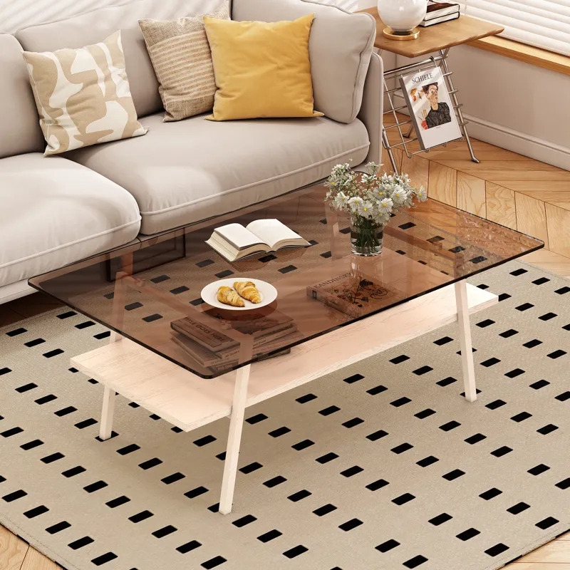 Rectangle Coffee Table, Tempered Glass Tabletop With White Metal Legs, Modern Table For Living Room 