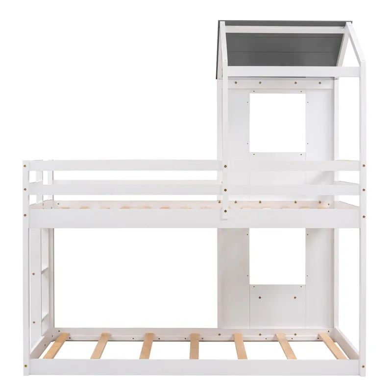 Twin Over Twin Bunk Bed Wood Bed & Roof, Window, Guardrail, Ladder - White