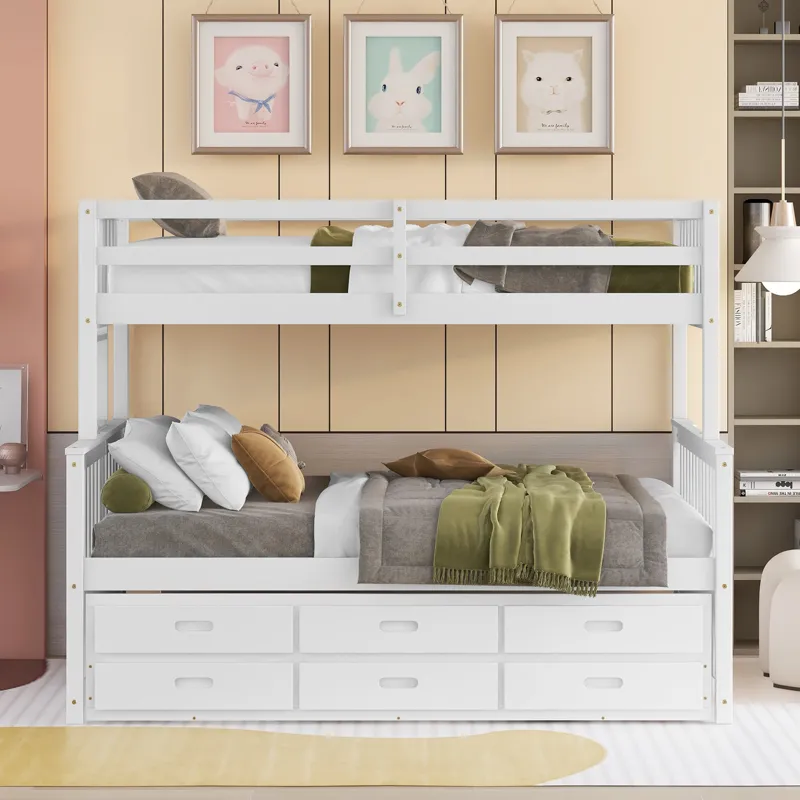 Twin Over Full Bunk Bed With Twin Size Trundle, Separable Bunk Bed With Drawers For Bedroom - White