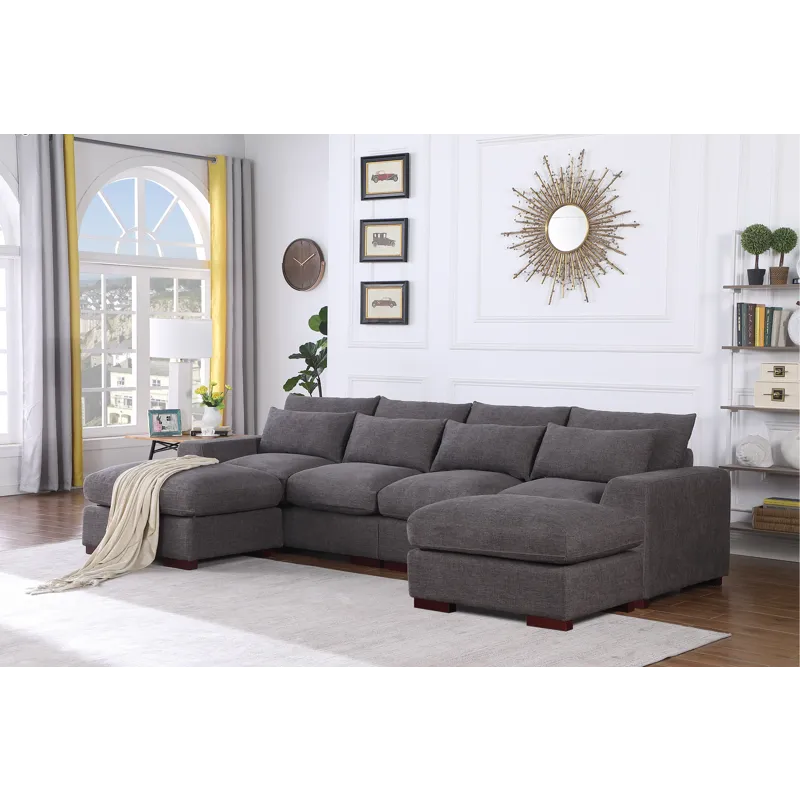 Tatman - Linen Blend Sectional With 2 Ottomans - Dark Gray