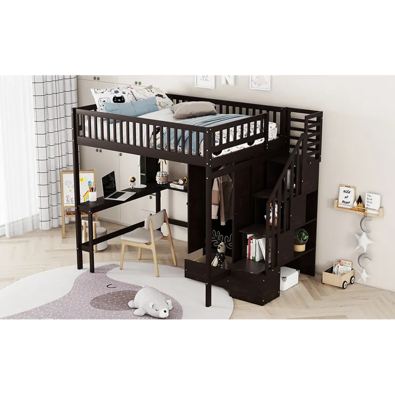 Full Size Loft Bed With Bookshelf, Drawers, Desk, And Wardrobe - Espresso