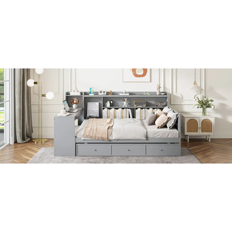 Full Size Wooden Daybed With 3 Drawers, USB Ports And Desk - Gray