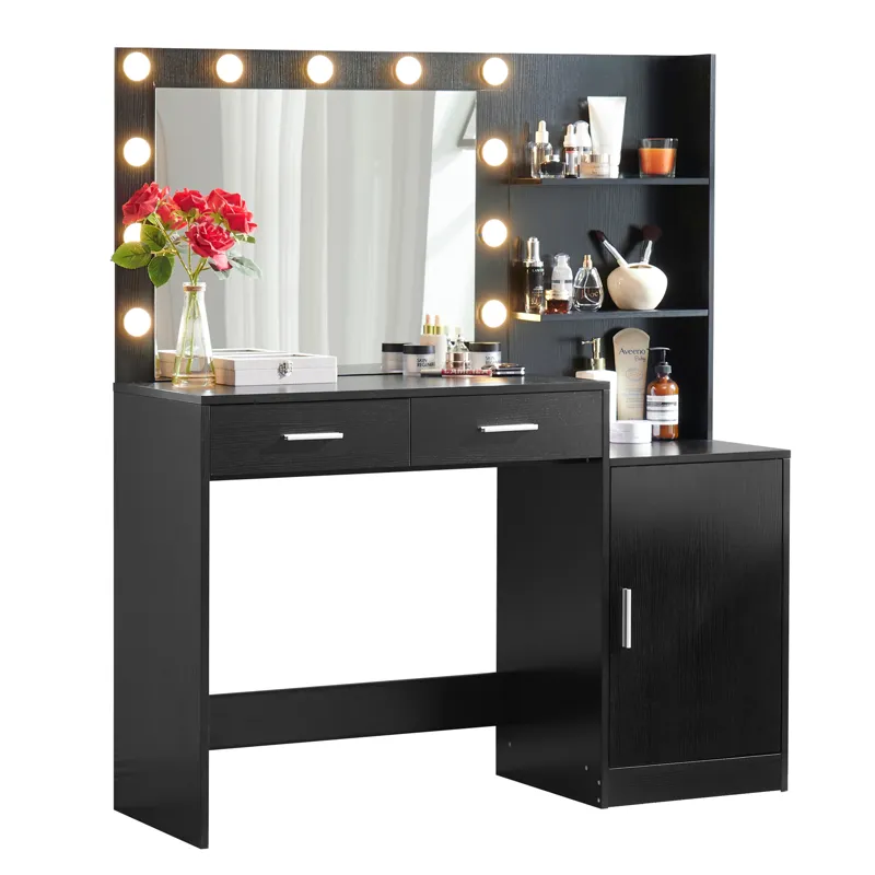 Vanity Desk With Mirror And Lights, 46.4In Dressing Table With 2 Large Drawer & Large Vertical Organ