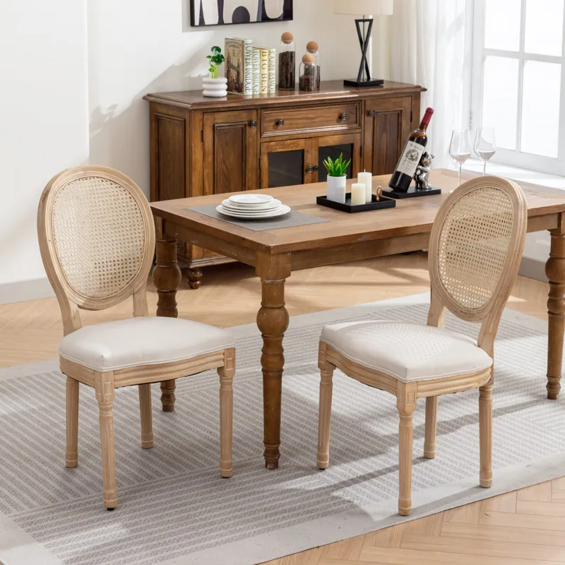 French Style Solid Wood Frame Antique Painting Linen Fabric Rattan Back Dining Chair (Set of 2) - Cr