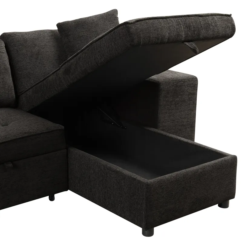 Modern L-Shape 3 Seat Reversible Sectional Couch, Pull Out Sleeper Sofa With Storage Chaise And 2 St