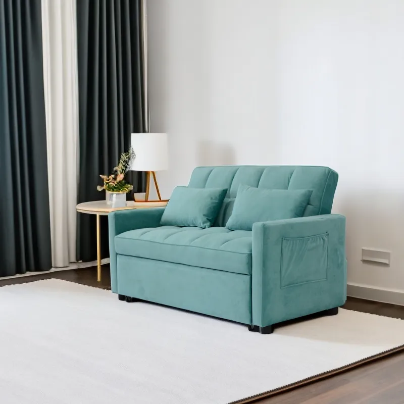 Velvet Two Seater Pull Out Sofa Bed, Adjustable Backrest With Three USB Ports, Two Side Pockets, 3 I