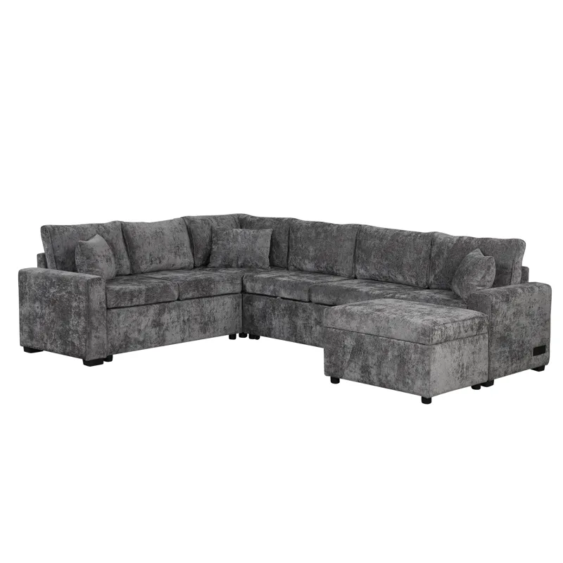 Sectional Sofa Pull-Out Sofa Bed Sleeper With A Storage Ottoman, Three Pillows And Charging Devices 
