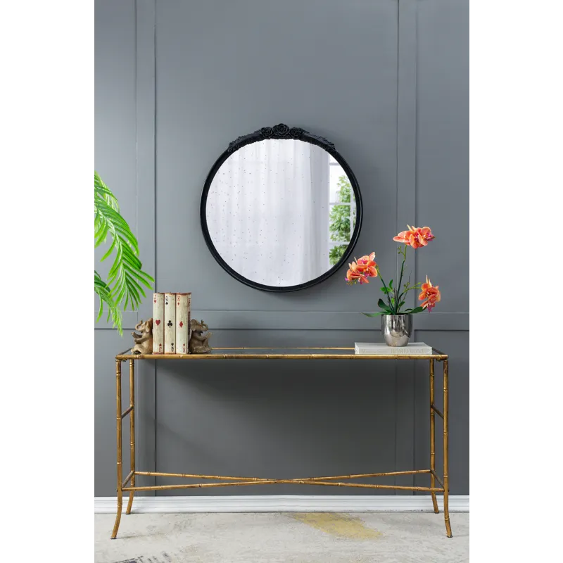 Round Hand Carved Rose Antique Mirror Frame, Wall Mirror For Live Space, Bathroom, Entryway Wall Dec