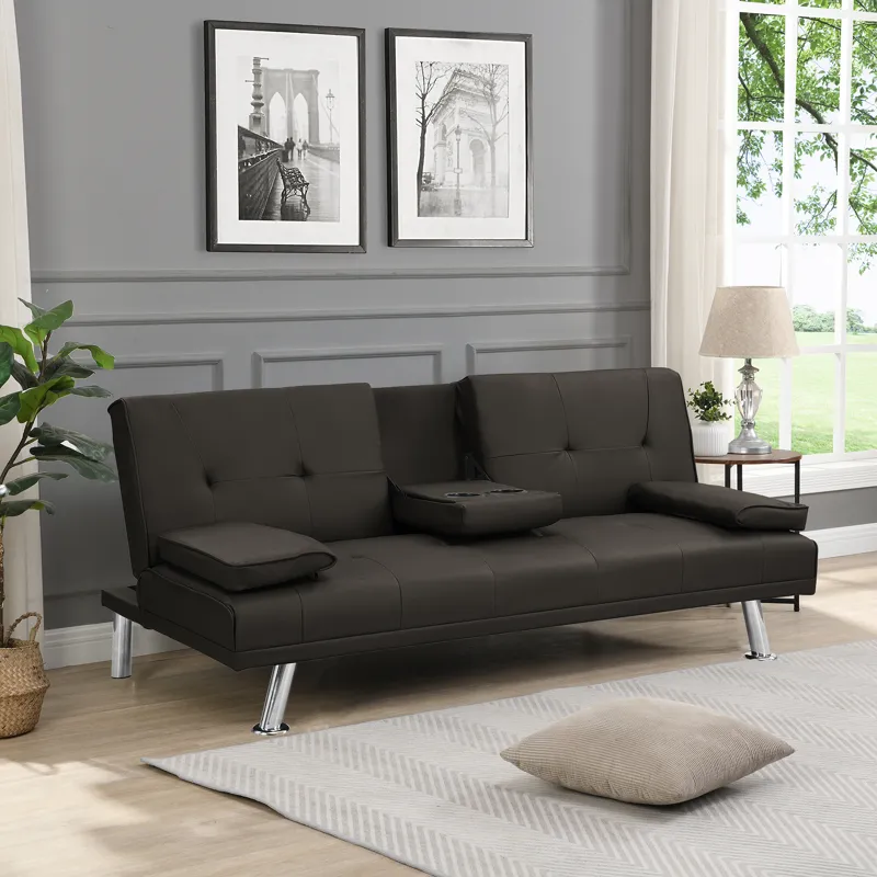 Sofa Bed With Armrest Two Holders Wood Frame, Stainless Leg, Futon - Brown