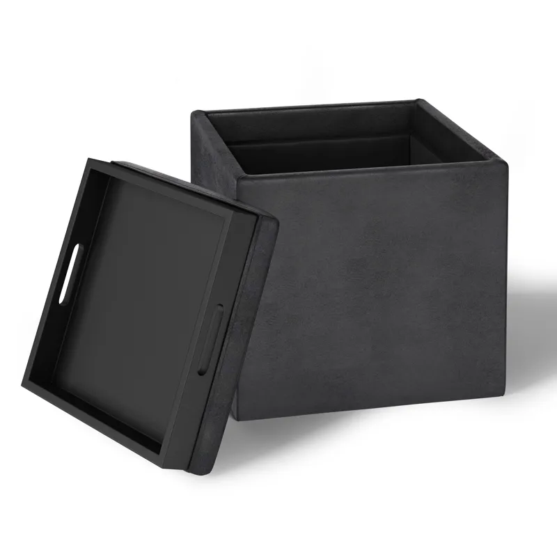 Rockwood - Cube Storage Ottoman with Tray - Distressed Black