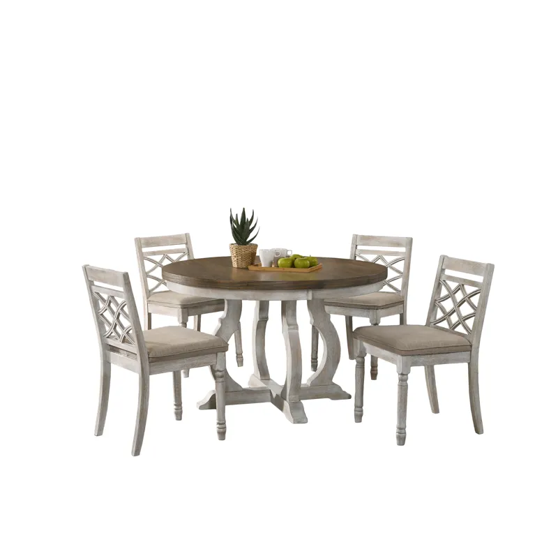 Havanna - 5 Piece Wide Contemporary Round Dining Table With Off White Fabric Chairs (Set of 5) - Vin