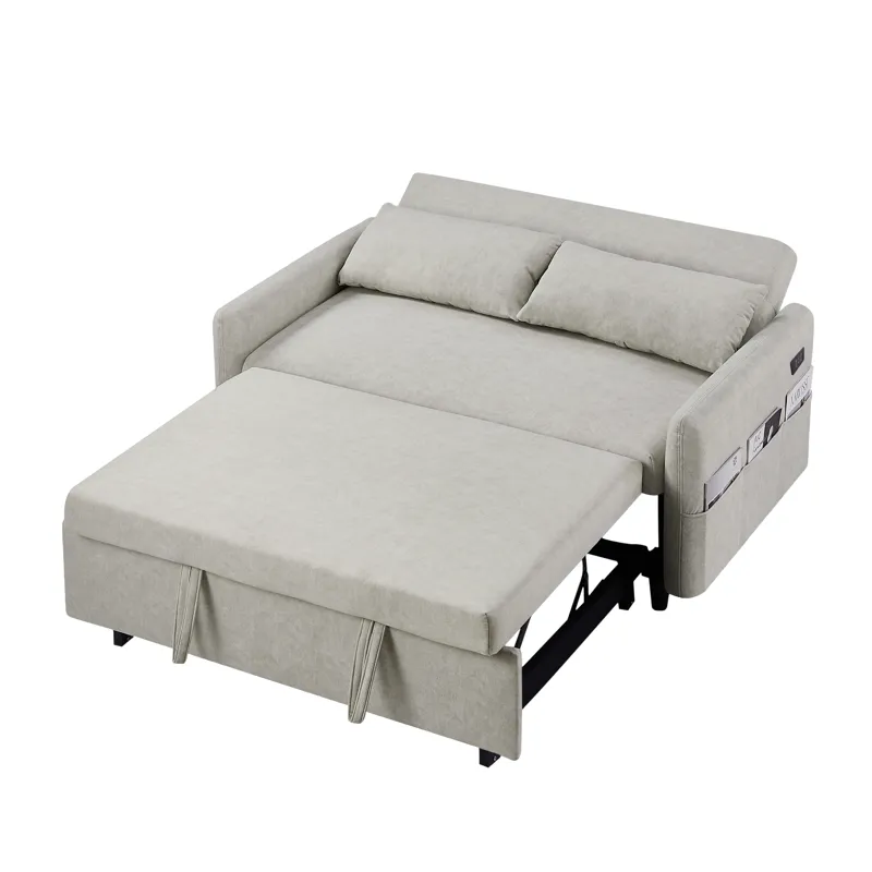 Pull Out Sleep Sofa Bed Loveseats Sofa Couch With Adjsutable Backrest, Storage Pockets, 2 Soft Pillo