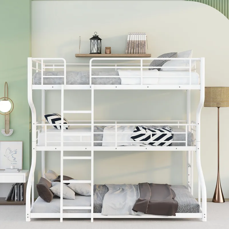 Full Long Over Twin Long Over Queen Size Triple Bunk Bed With Long And Short Ladder - White